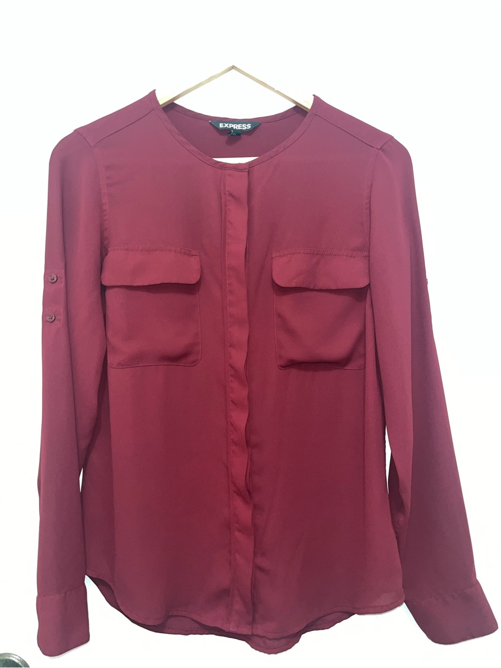 Long Sleeve Button-Front Blouse - Burgundy